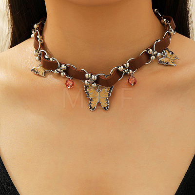 Vintage Alloy Butterfly & Round Glass Pendant Imitation Leather Braided Choker Necklaces for Women WG01279-02-1