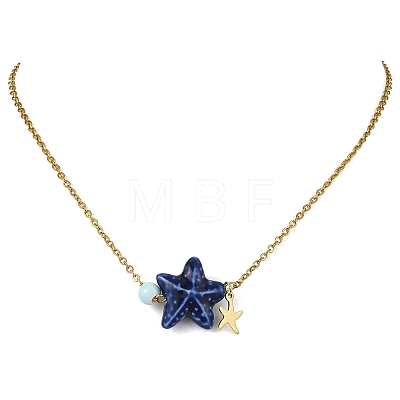 Ocean Handmade Porcelain Starfish Pendant 304 Stainless Steel Cable Chain Necklaces for Women NJEW-JN06138-1