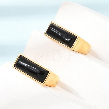 Brass with Natural Black Agate Cuff Open Rings for Women GG-CBA0B5A-04G-09-1