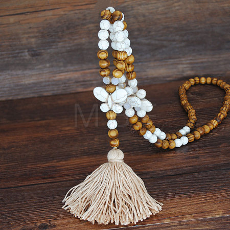 Bohemian White Resin Imitation Turquoise & Wood Beaded Mala Necklaces with Jute Cord Tassel FS-WG73E7D-04-1