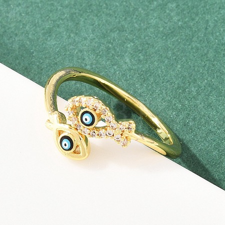 Blue Evil Eye Fish Brass Micro Pave Clear Cubic Zirconia Rings RJEW-A088-02G-1