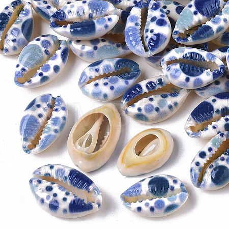 Printed Natural Cowrie Shell Beads X-SSHEL-R047-01-D06-1