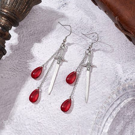 Teardrop with Sword Alloy Dangle Earrings EJEW-JE06311-1