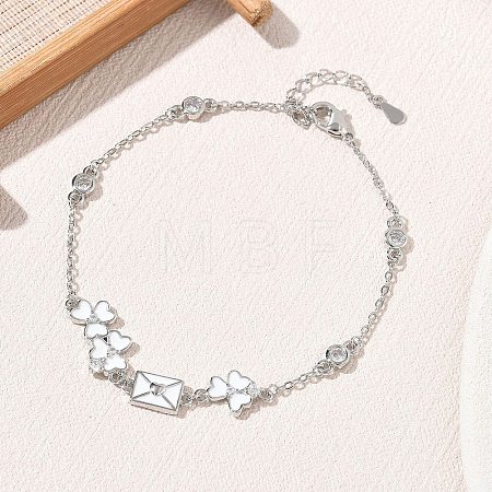 Brass Pave Clear Cubic Zirconia Clover Envelope Link Bracelets KK-CBA6980-18P-1