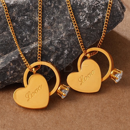 Valentine's Day 304 Stainless Steel Pave Clear Cubic Zirconia Ring & Love Heart Pendant Necklaces for Women WG8D8BB-01-1