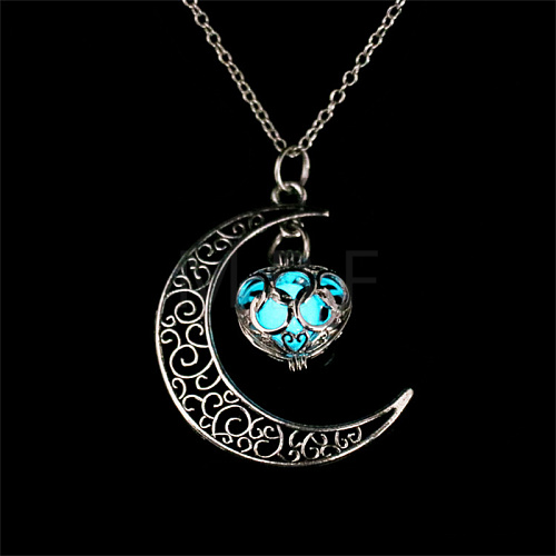 Alloy & Luminous Stone Hollow Moon Heart Pendant Necklaces IT8528-3-1