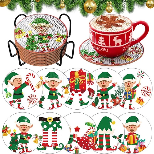 DIY 10Pcs 5D Diamond Painting Elves Christmas Cup Mat Kits PW-WGC8765-01-1