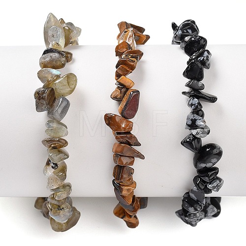 Chips Natural Labradorite & Snowflake Obsidian & Tiger Eye Beaded Stretch Bracelets Sets BJEW-JB05332-05-1