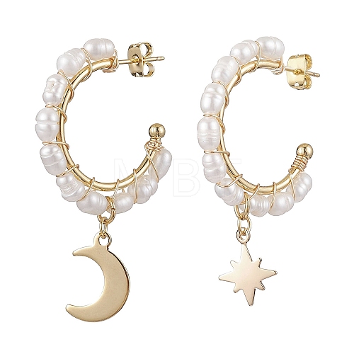 Moon & Star Natural Pearl Dangle Half Hoop Earrings EJEW-JE05895-01-1