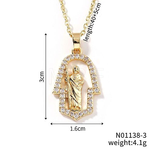 Shiny Brass Micro Pave Clear Cubic Zirconia Hollow Hamsa Hand Vintage Statue Pendant Necklaces DN8896-3-1