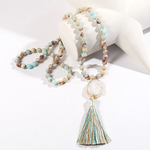 Bohemian Oval Natural Druzy Agate Tassel Pendant Necklaces FS-WGAFDEB-03-1