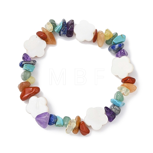 Natural & Synthetic Mixed Gemstone Chips & Shell Beaded Stretch Bracelet BJEW-JB09897-04-1