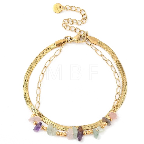 Natural Rose Quartz & Amethyst & Green Aventurine 304 Stainless Steel Double Layer Multi-strand Bracelet for Women BJEW-Z070-01G-02-1