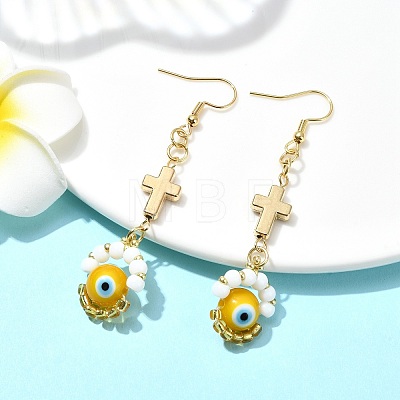 Handmade Seed Evil Eye & Cross Dangle Earrings EJEW-MZ00227-04-1