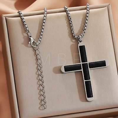 304 Stainless Steel with Dyed Natural Black Quartz Religion Cross Pendant Necklaces FS-WG3F108-14-1