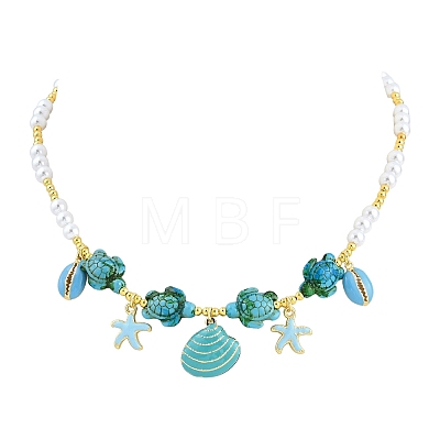 Ocean Brass Enamel Starfish Shell Shape Pendant Round ABS Imitation Pearl Beaded Necklaces KK-CBA4547-04B-G-1