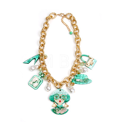 Acrylic Lady Perfume Bottle High Heel and Imitation Pearl Pendant Bib Necklaces with Alloy Chains for Women FS-WGDF0C3-04-1