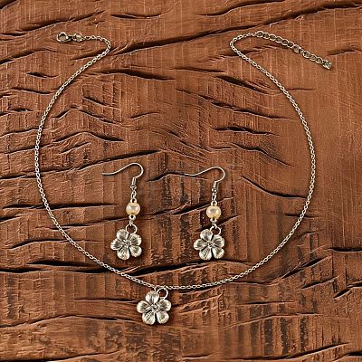 Zinc Alloy Imitation Pearl Flower Dangle Earrings & Pendant Necklaces Sets for Women WG42FFC-03-1