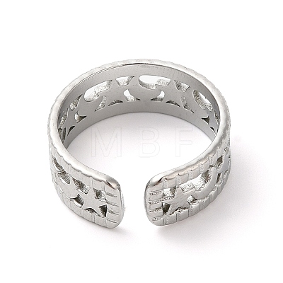 304 Stainless Steel Moon & Star Open Cuff Ring for Women RJEW-K245-46P-1