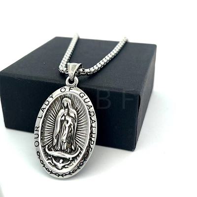 Vintage 304 Stainless Steel Oval with Emboss Virgin Pendant Box Chain Necklaces for Women AV8349-1