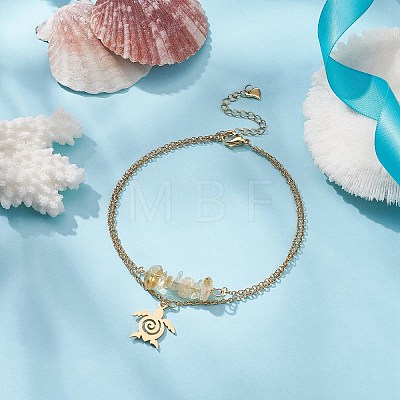 Natural Citrine Chips Beaded & Turtle Charms Double Layer Multi-strand Bracelet AJEW-AN00511-05-1