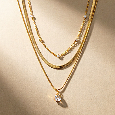 304 Stainless Steel Pave Clear Cubic Zirconia Teardrop Pendant 3 Layer Necklaces for Women WGFD083-01-1