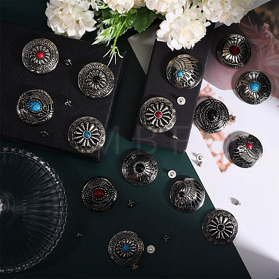 CHGCRAFT 15 Sets 15 Styles Flower/Indian Head Alloy & Imitation Turquoise Craft Solid Rivet FIND-CA0008-74-1