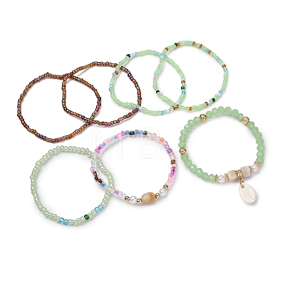 Bohemian Resin & Alloy & Glass Beads & Shell & Plastic Pearls Beaded Stretch Bracelets BJEW-Z169-01D-1