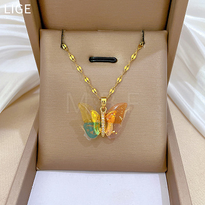 Brass Crystal Rhinestone Resin Glitter Butterfly Pendant 304 Stainless Steel Dapped Chain Necklaces for Women WG45291-03-1
