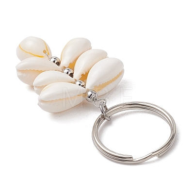 Natural Cowrie Shell Beads with Iron Split Key Rings & Brass Beads Keychain KEYC-JKC01210-1
