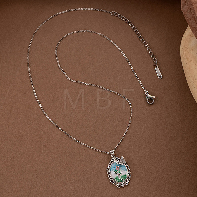 201 Stainless Steel Rhinestone and Enamel Colorful Oval with Butterfly Pendant Necklaces for Women FS-WGC8FD6-02-1