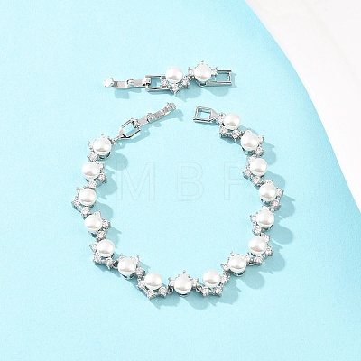 Platinum Tone Brass Micro Pave Cubic Zirconia & Plastic Pearl Tennis Bracelets BJEW-B160-16P-1