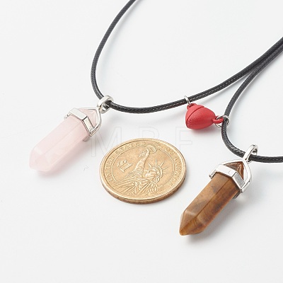 Natural Tiger Eye & Rose Quartz Double Terminated Pointed Pendants Necklaces Set for Couples Best Friends NJEW-JN03676-1