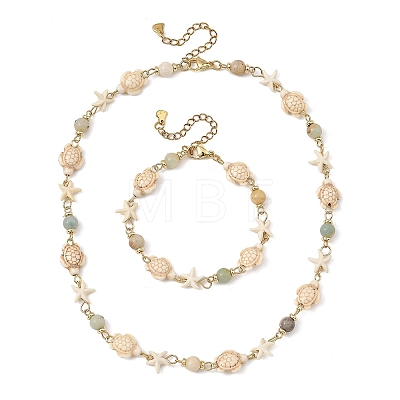 Starfish & Turtle Synthetic Turquoise Beaded Necklace & Bracelet Sets SJEW-JS01385-03-1
