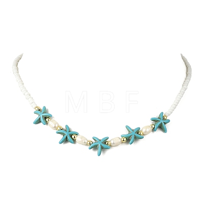 Ocean Sea Animals Synthetic Turquoise & Natural Cultured Freshwater Pearl & Glass Seed Beaded Necklaces for Women NJEW-JN06127-01-1