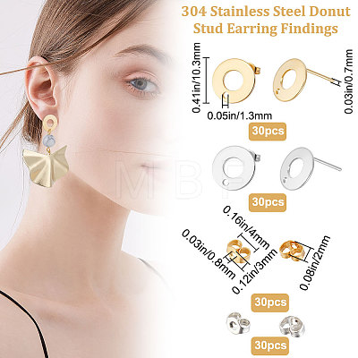 60Pcs 2 Color 304 Stainless Steel Donut Stud Earring Findings STAS-BBC0002-44-1