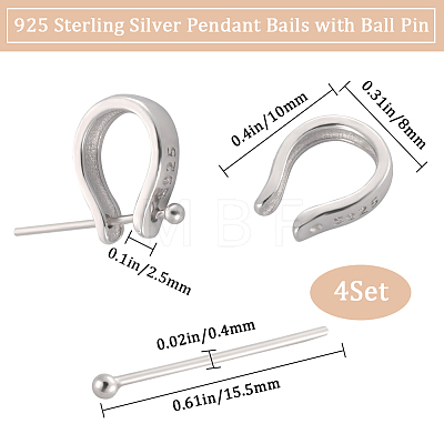 4Pcs 925 Sterling Silver Teardrop Pendant Bails with Ball Head Pins STER-BBC0001-92-1