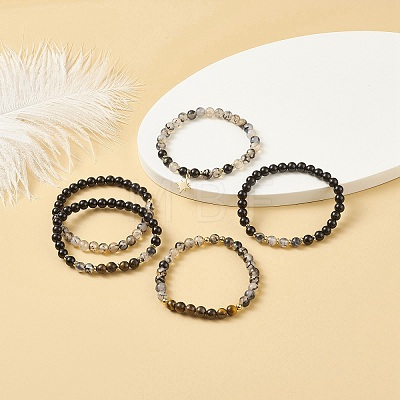 5Pcs 5 Style Natural Mixed Gemstone Round Beaded Stretch Bracelets Set BJEW-JB08829-1