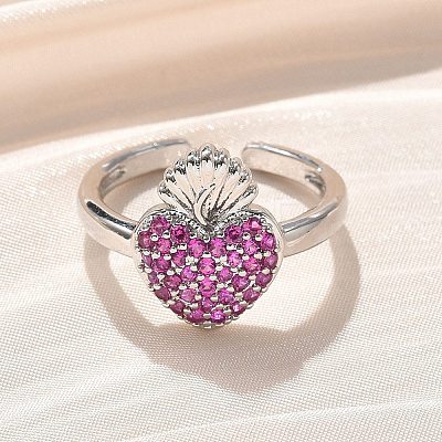 Sacred Heart Brass Micro Pave Cubic Zirconia Cuff Rings for Women RJEW-B117-01P-03-1