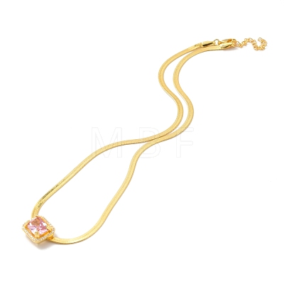 Pink Cubic Zirconia Rectangle Pendant Necklace with Flat Snake Chain for Women NJEW-B082-03-1