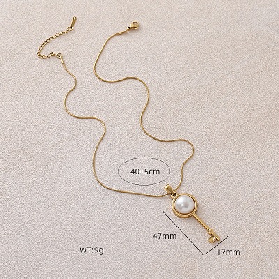 304 Stainless Steel with White Imitation Pearl Key Pendant Necklaces for Women OM7731-1