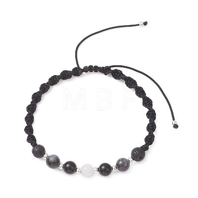 Natural White Moonstone & Lava Rock & Obsidian & Larvikite Round Beads Braided Bead Bracelets for Women BJEW-JB12917-03-1