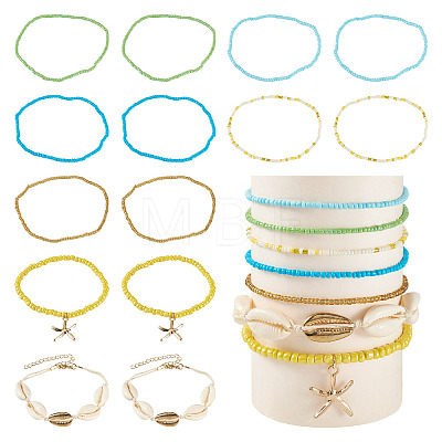 2 Bags Summer Beach Glass Seed Beaded & Natural Shell & Alloy Starfish Charm Anklet Sets AJEW-TA0003-69B-1