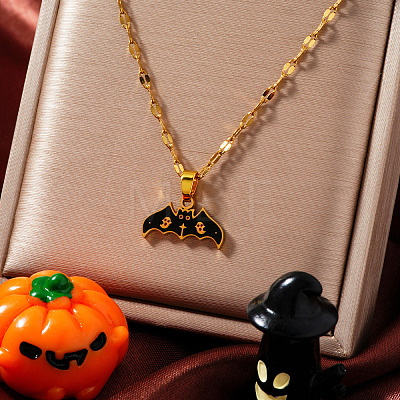 Stainless Steel Enamel Halloween Ghost Bat Pendant Dapped Chain Necklaces RU7498-1