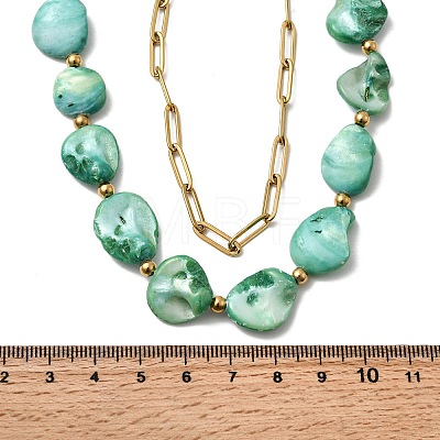 304 Stainless Steel with Dyed Green Natural Shell Nuggets Beaded Double Layer Necklaces for Women NJEW-G181-09G-1