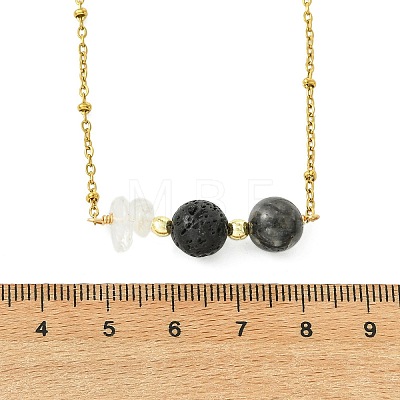 Round Natural Lava Rock & Larvikite & Natural Quartz Crystal Chip Beaded Pendant 304 Stainless Steel Satellite Chain Necklaces for Women NJEW-JN06158-01-1