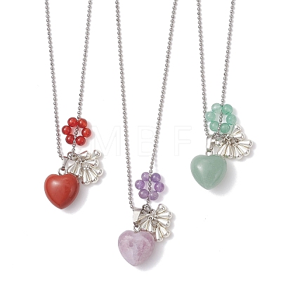 3Pcs 3 Styles Natural Green Aventurine & Carnelian & Lepidolite/Purple Mica Stone & Red Jasper Heart Pendant Necklaces for Women NJEW-TA00215-1