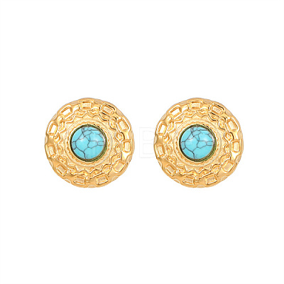 Synthetic Turquoise Flat Round Stud Earrings KQ6681-4-1