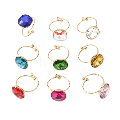 304 Stainless Steel with Glass Cuff Rings for Women RJEW-K309-41B-1
