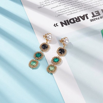Glass Rectangle Beaded Long Dangle Stud Earrings with Imitation Pearl EJEW-TA00141-01-1